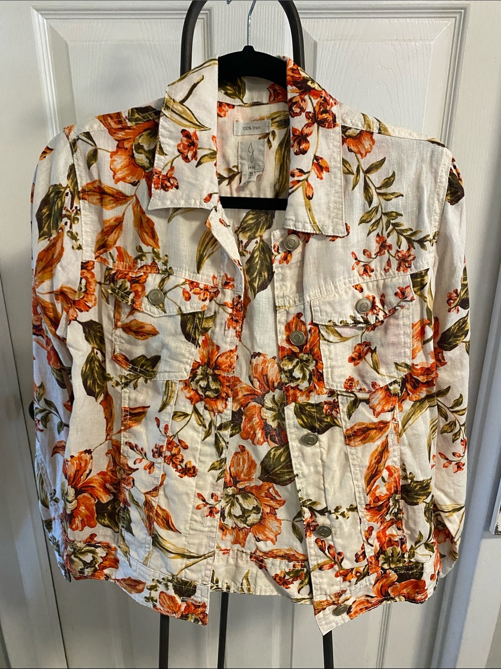 White Floral Button-Front Jacket with Orange/Olive Print 100% Linen size S